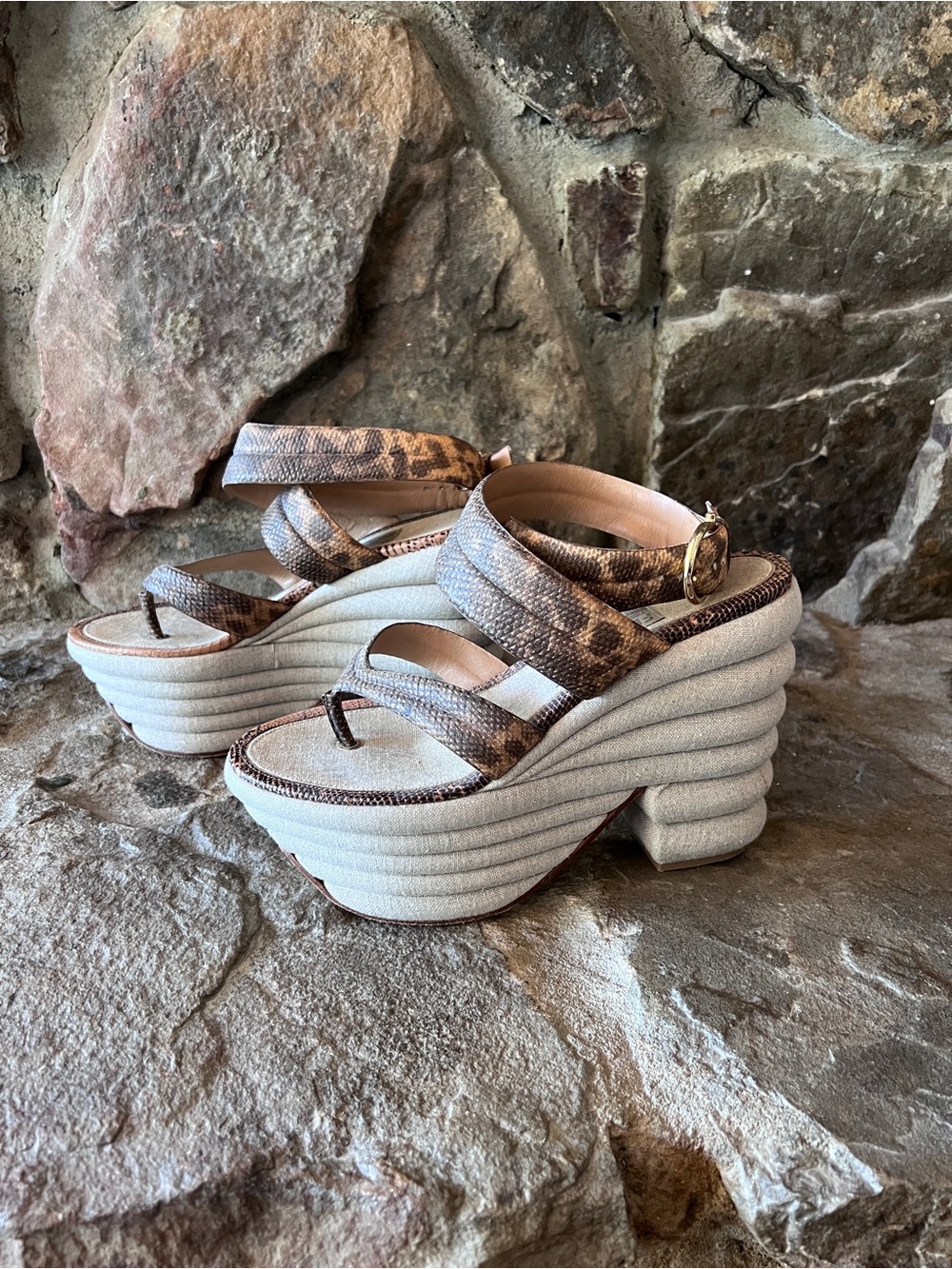 Ferragamo Rey Platform Ankle-Strap Sandal in Brown animal print - Picture 7 of 14